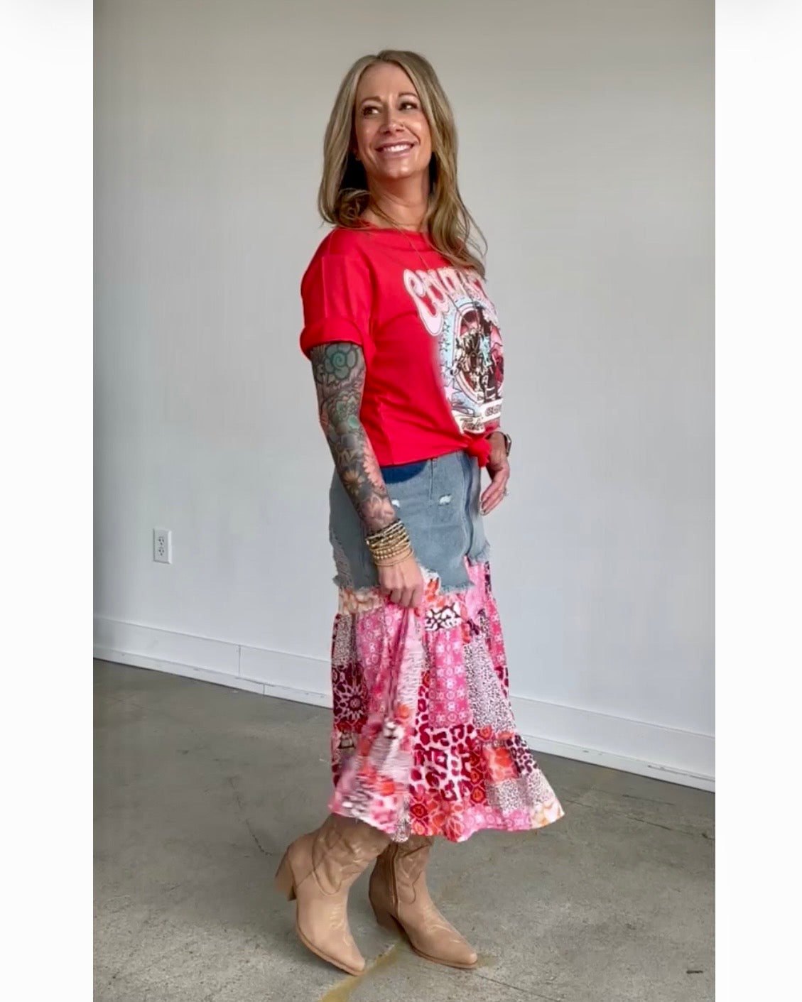 Printed Denim Floral Skirt