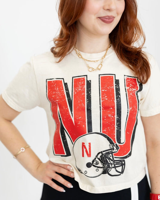 NU Football Ivory SS Long Cropped Tee