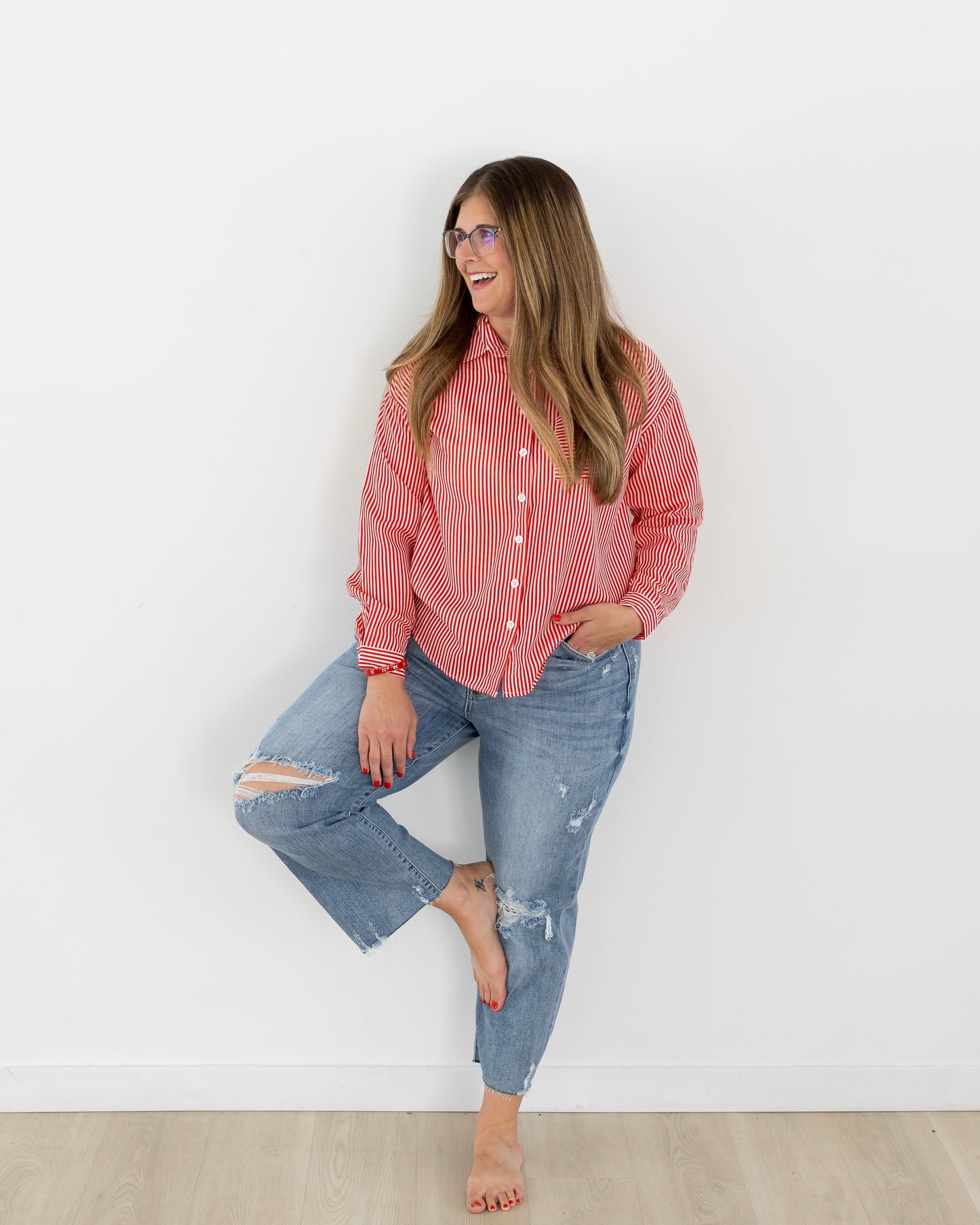 Red Striped Button Down Long Sleeve Shirt