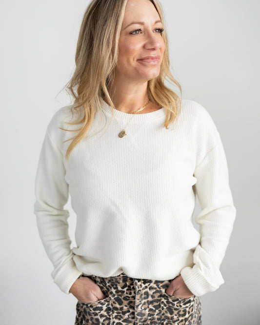 Brushed Crew Neck Long Sleeve Top: CREAM