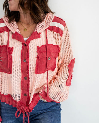 Knit Button Down Hooded Cardigan-Red/Blush