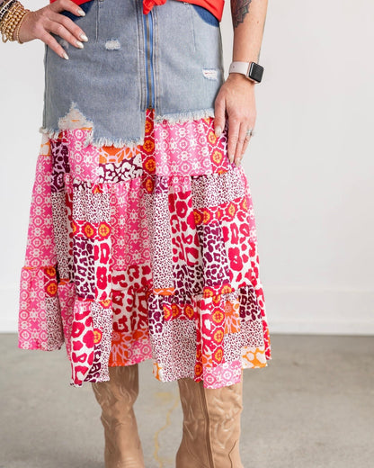 Printed Denim Floral Skirt