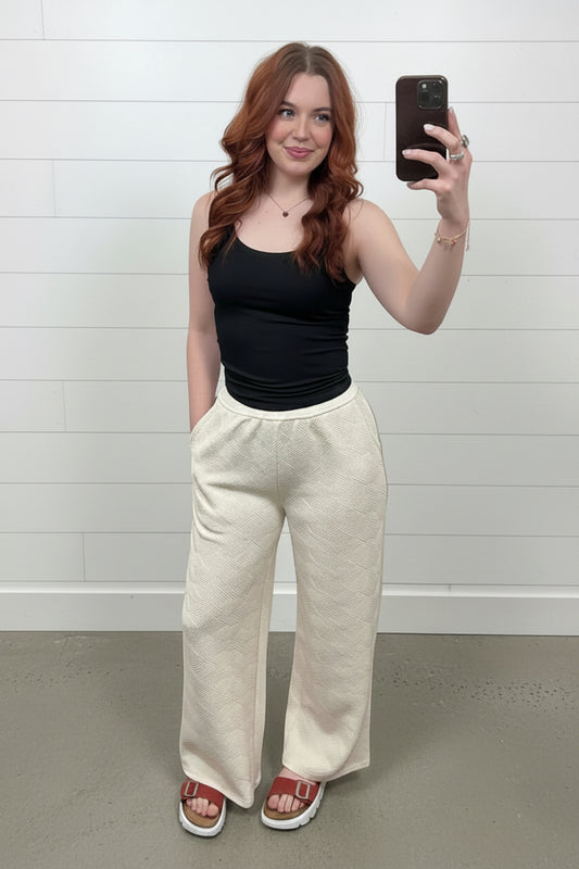 Cream Textured Wide Leg Pants | High Rise Trousers