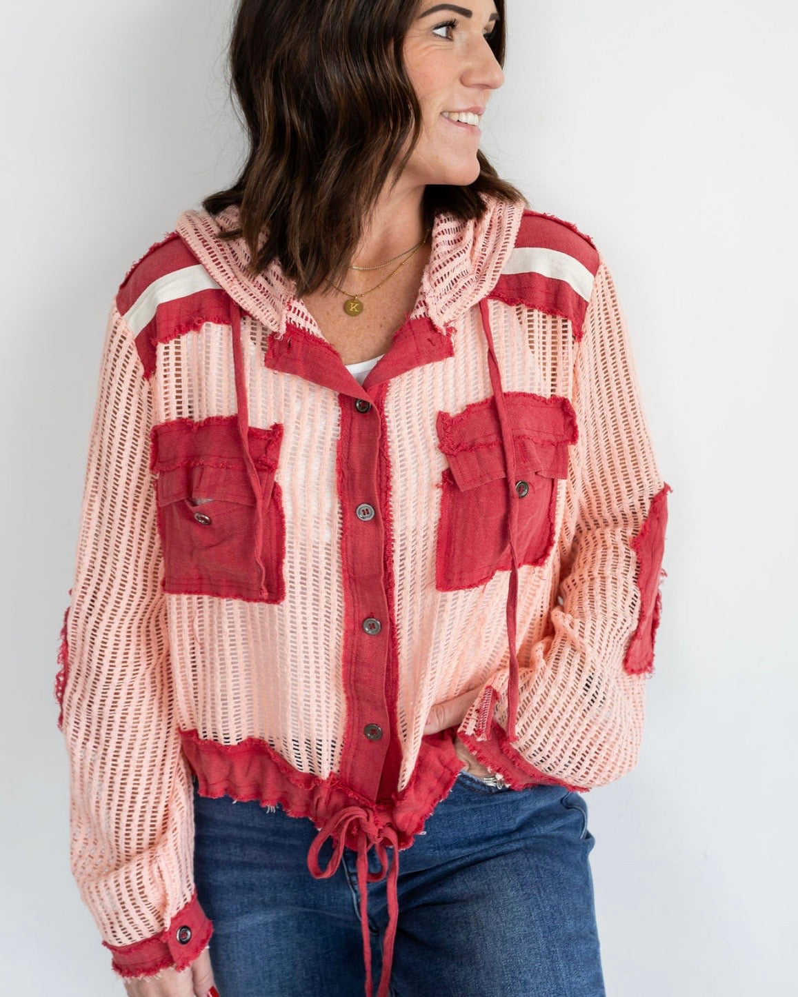 Knit Button Down Hooded Cardigan-Red/Blush