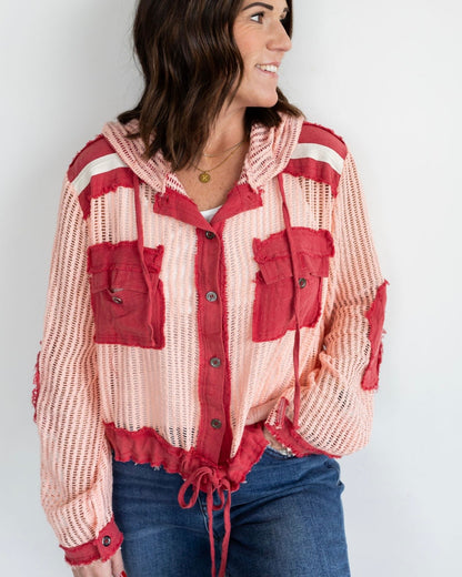 Knit Button Down Hooded Cardigan-Red/Blush