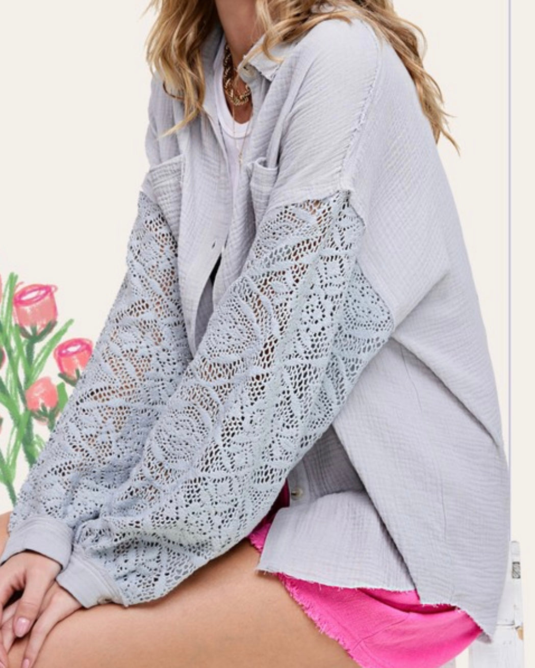 Crochet Trim Gauze Button Down