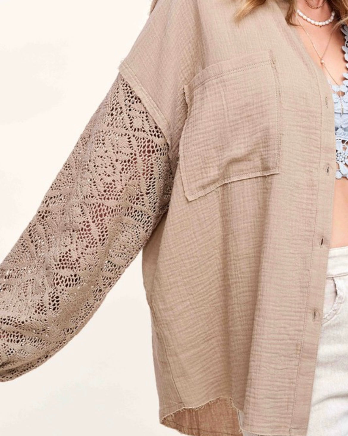 Crochet Trim Gauze Button Down