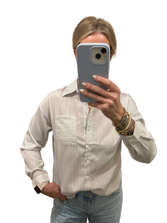 Striped Button Down Long Sleeve Shirt: GREY/White