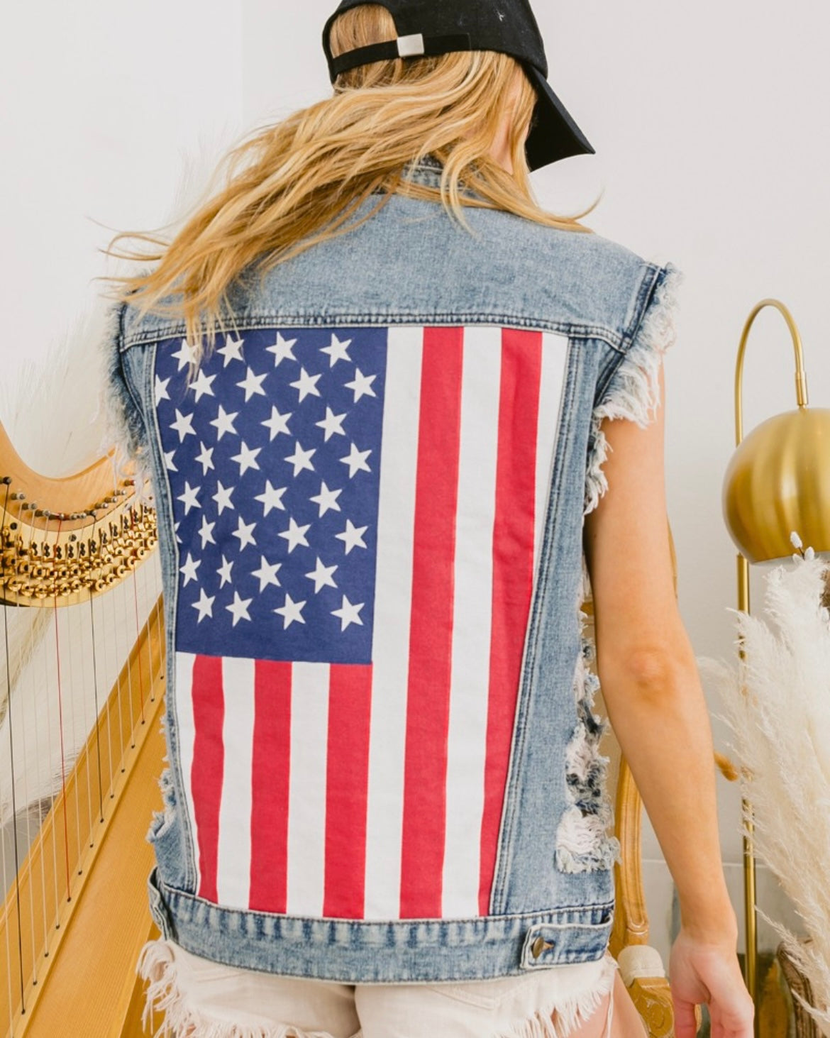 American Flag Distressed Denim Vest