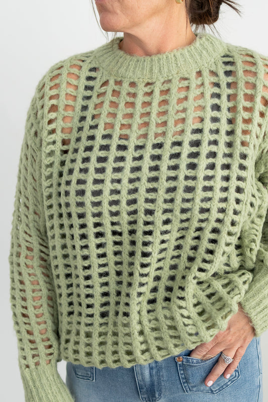 Open Stitch Long Sleeve Sweater: PASTEL GREEN