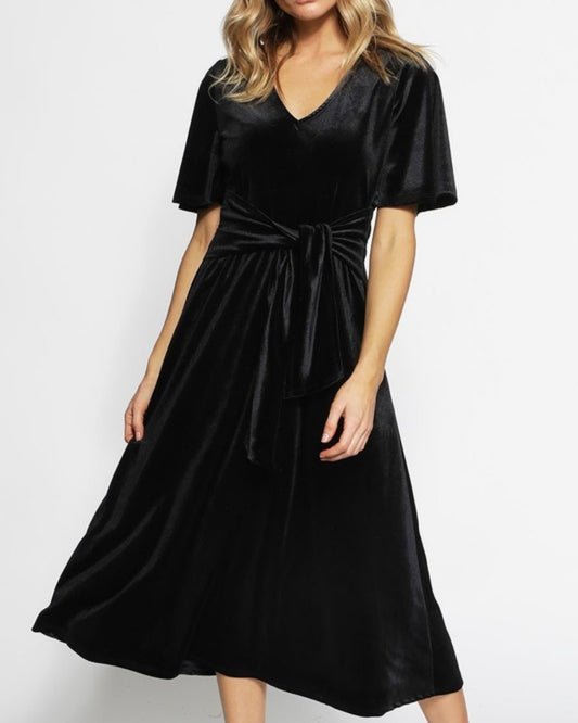 V Neck Velvet Midi Dress