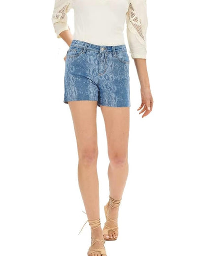 Mid Rise Snake Print Denim Shorts