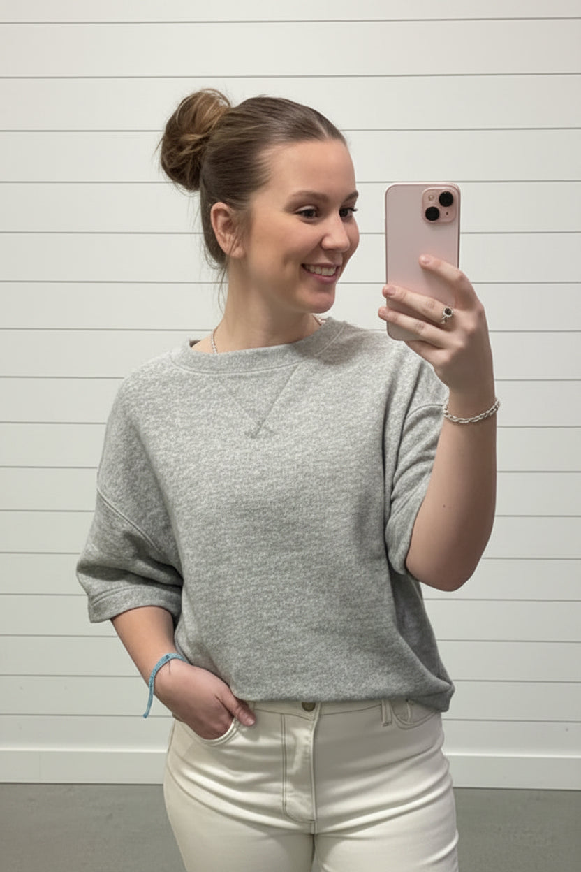 Crew Neck Short Sleeve Top: HEATHER GRAY