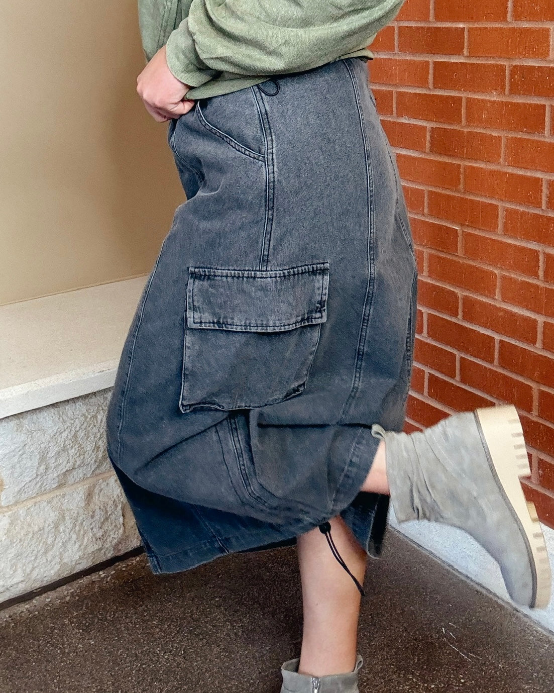 Washed Denim Cargo Skirt Black
