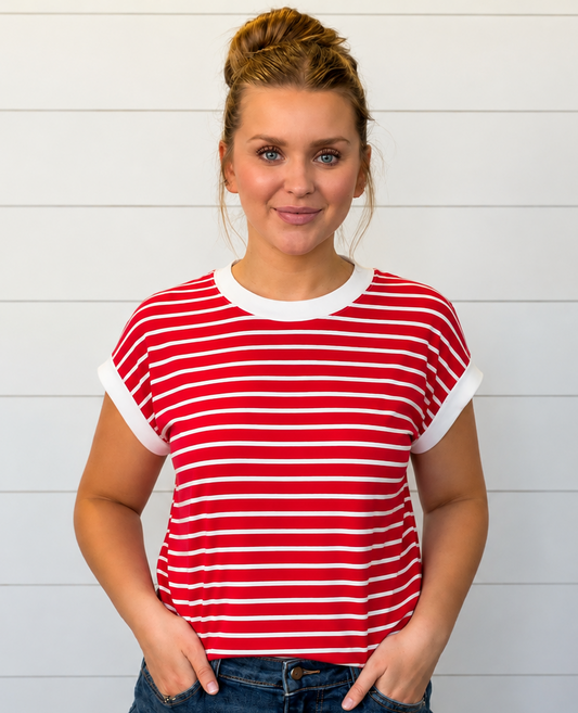 Red Stripe Cap Sleeve Tee