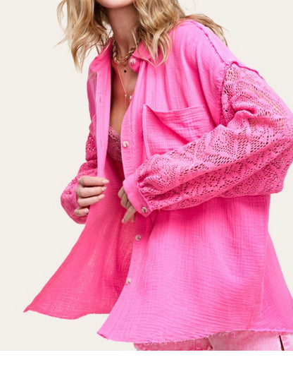 Crochet Trim Gauze Button Down