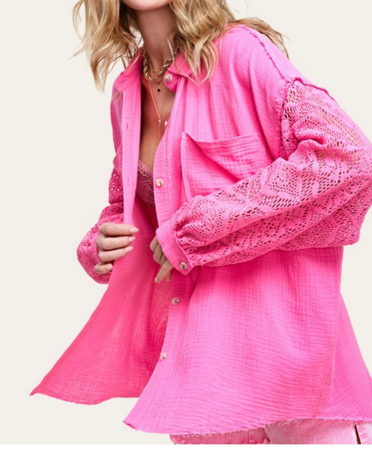Crochet Trim Gauze Button Down