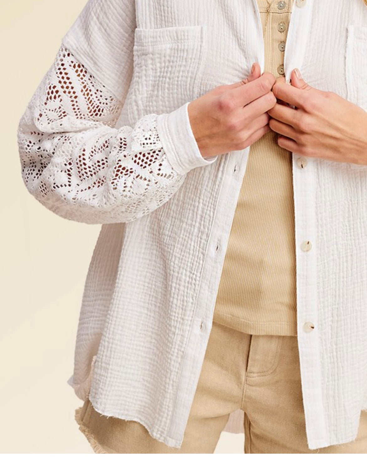 Crochet Trim Gauze Button Down