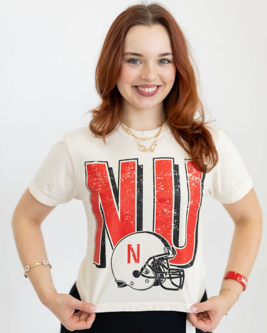 NU Football Ivory SS Long Cropped Tee