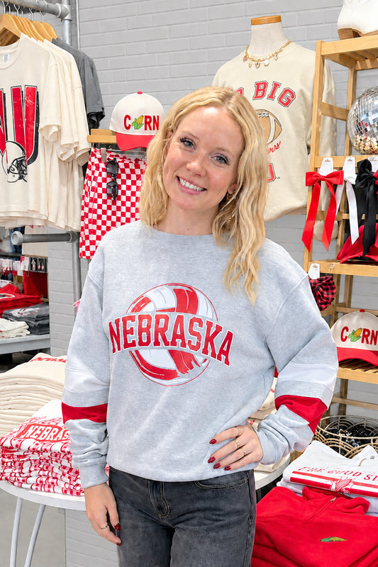 Nebraska Volleyball Varsity Stripe Grey Crewneck