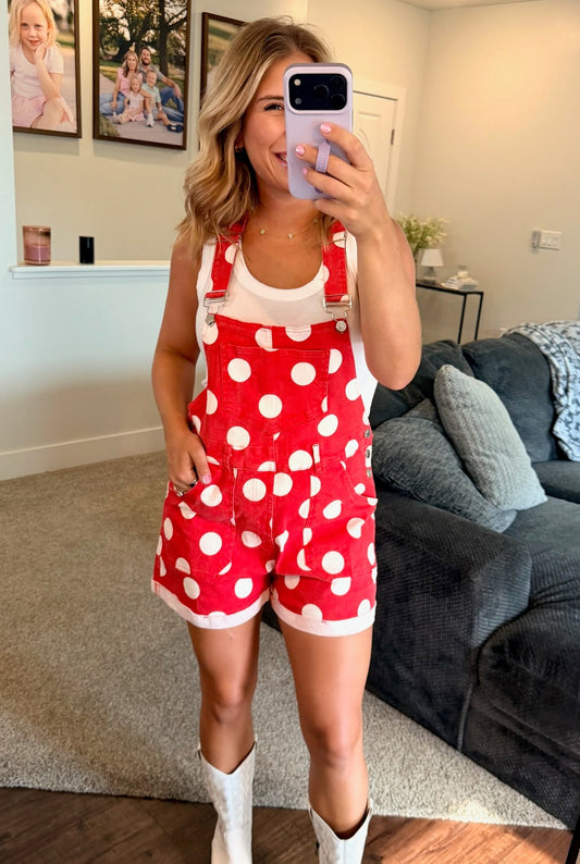 GAME DAY POLKA DOT ROMPER BIB OVERALLS: RED