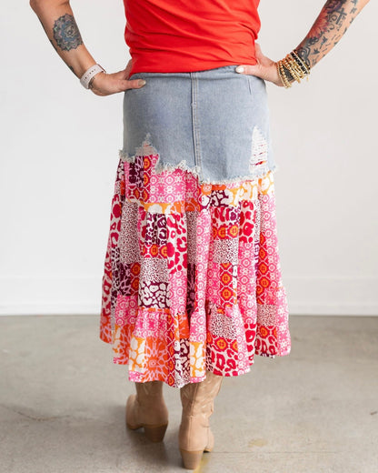 Printed Denim Floral Skirt