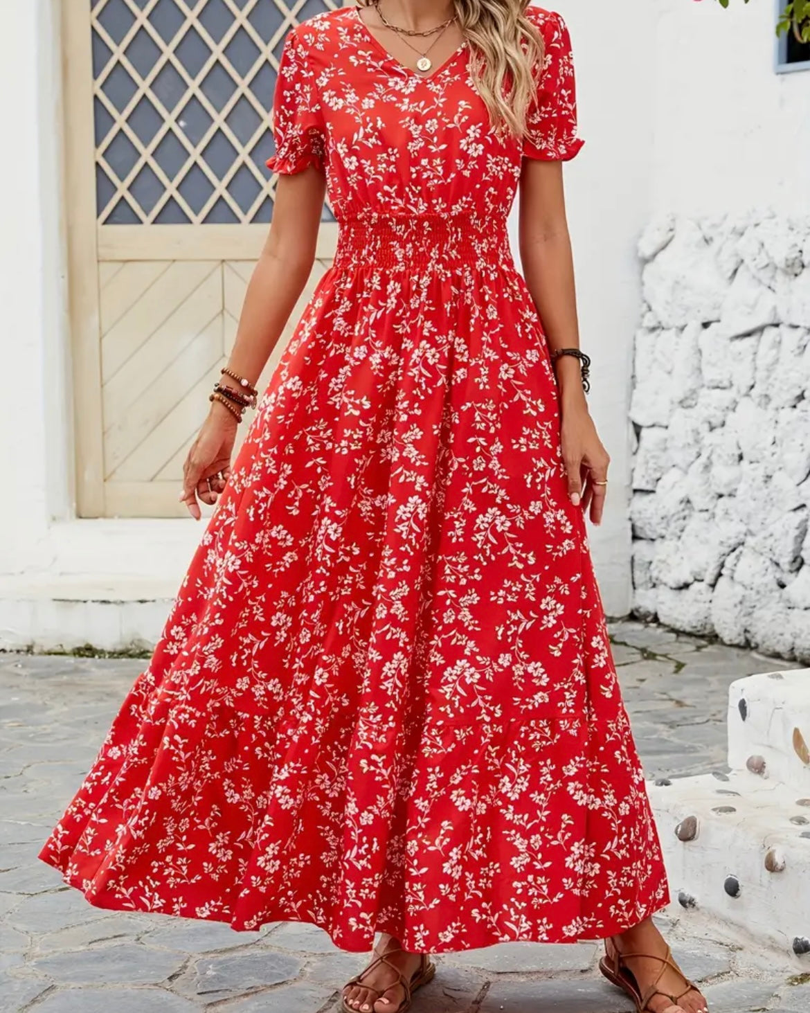 Red Floral Midi Dress