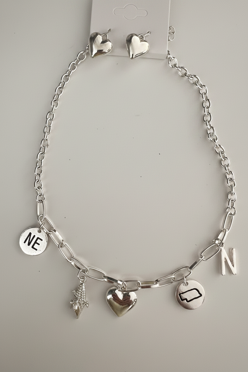 Nebraska Charm Necklace Set-Silver