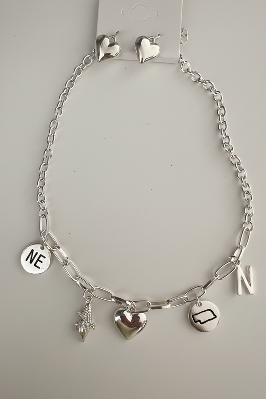 Nebraska Charm Necklace Set-Silver