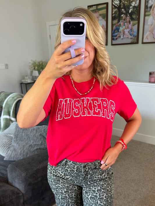 Huskers Red Polka Dot SS Long Cropped Tee