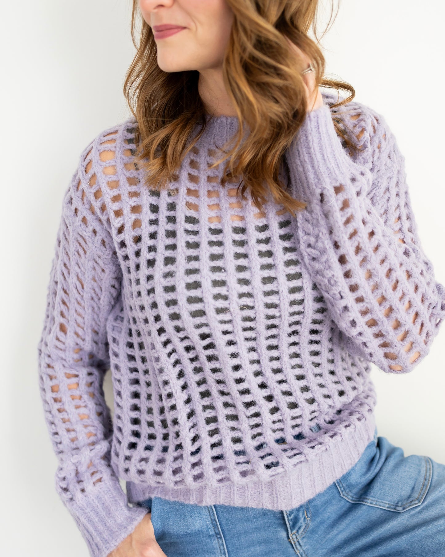 Open Stitch Long Sleeve Sweater: LILAC
