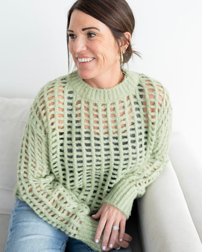Open Stitch Long Sleeve Sweater: PASTEL GREEN