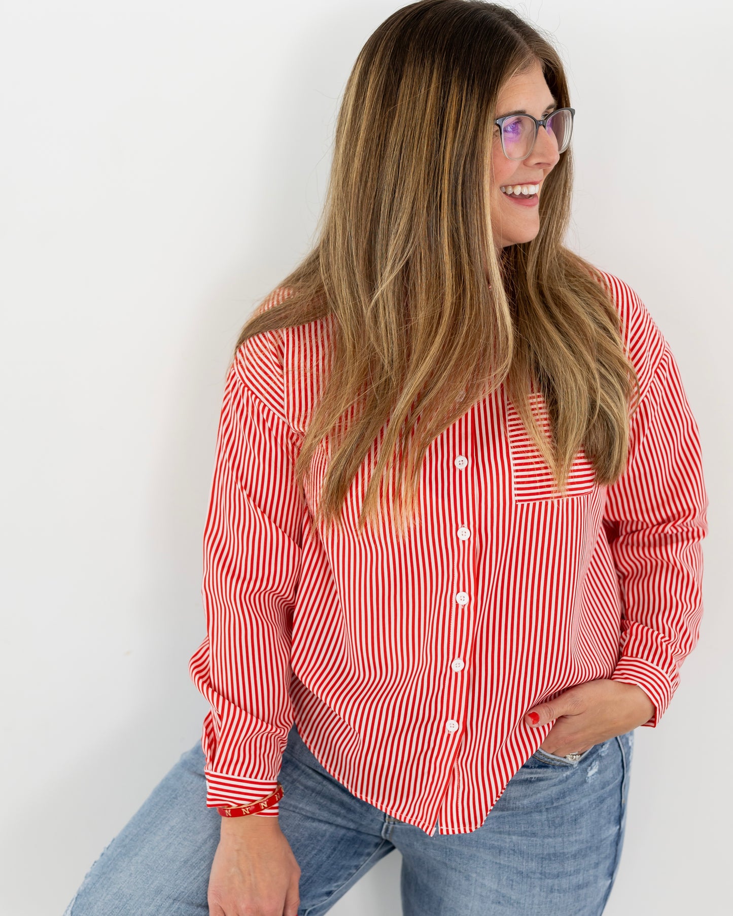Red Striped Button Down Long Sleeve Shirt