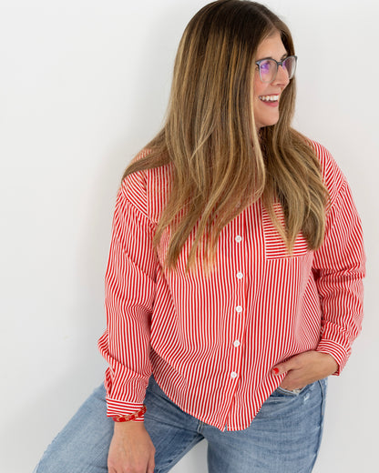 Red Striped Button Down Long Sleeve Shirt