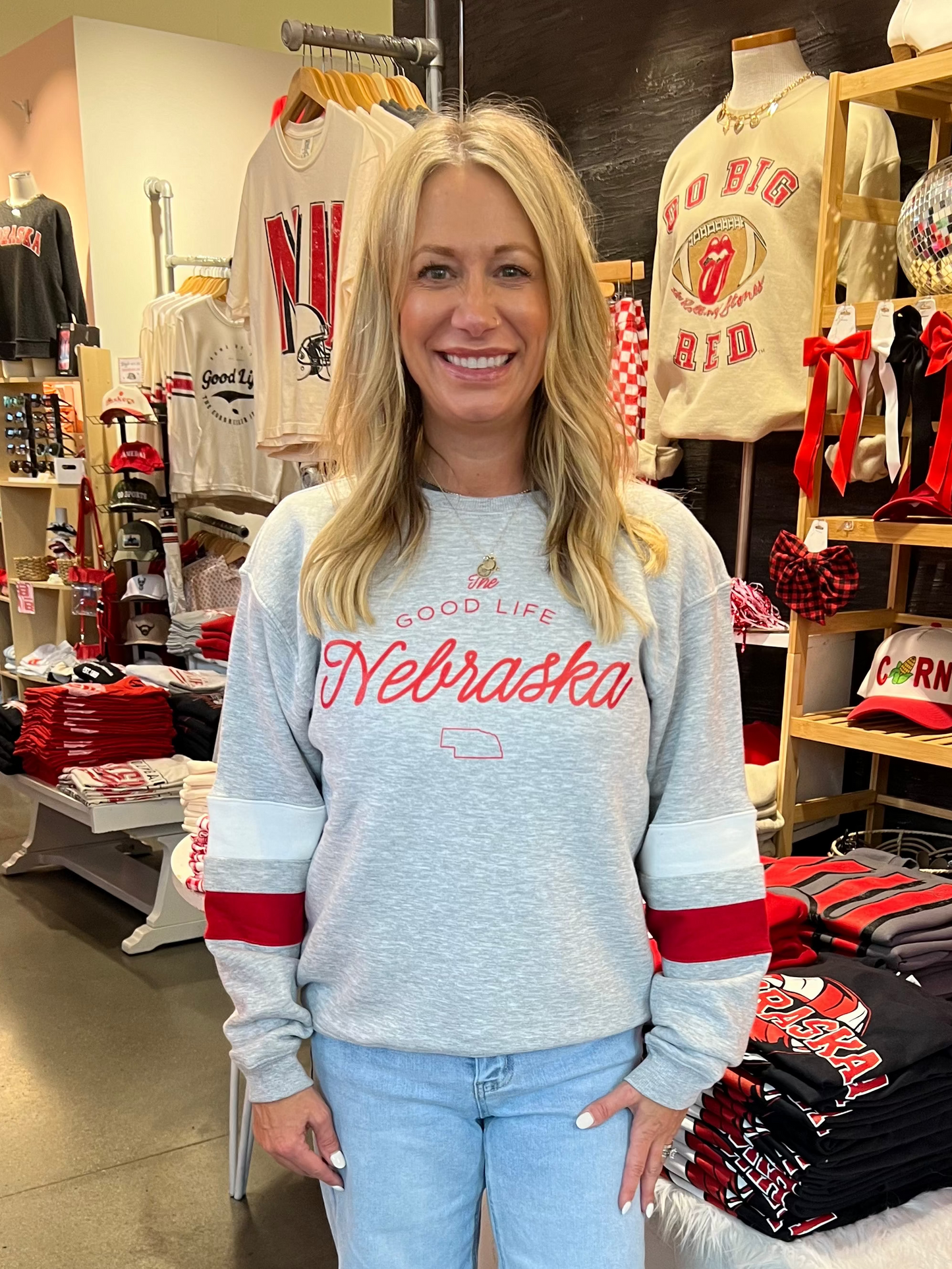 Nebraska Good Life Varsity Stripe Sweatshirt