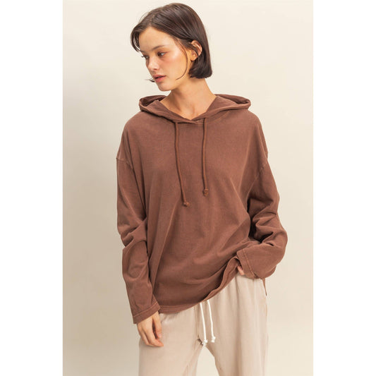Oversized Hooded Long-Sleeve Top: CHESTNUT