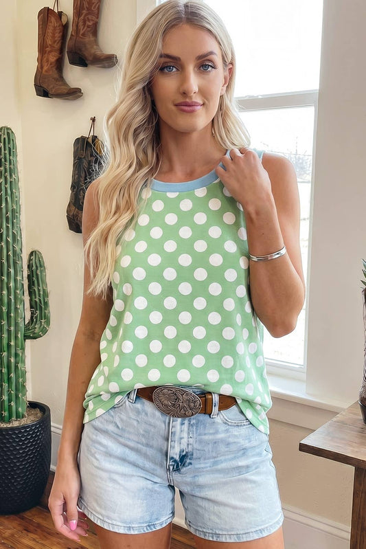Polka Dot Contrast Trim Tank: Green