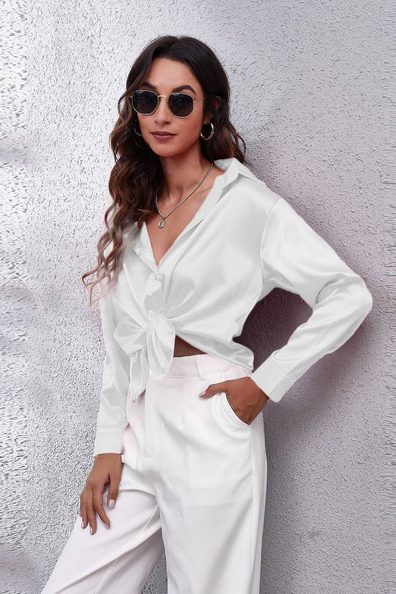 Button Down Satin Long Sleeve Top: White