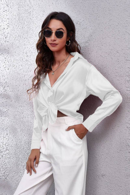 Button Down Satin Long Sleeve Top: White