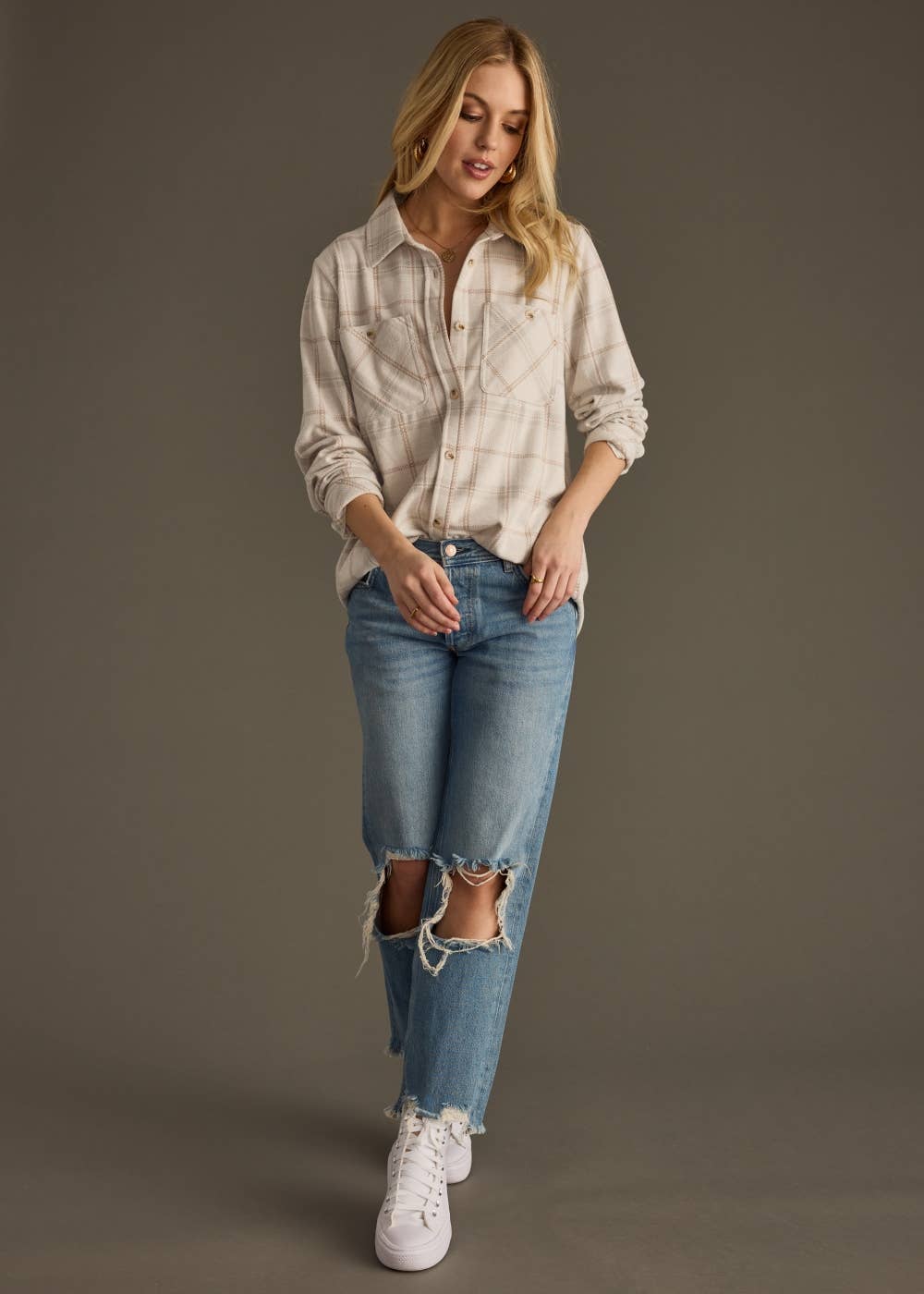Lt. Tan, Brown & Gray Plaid Button Up