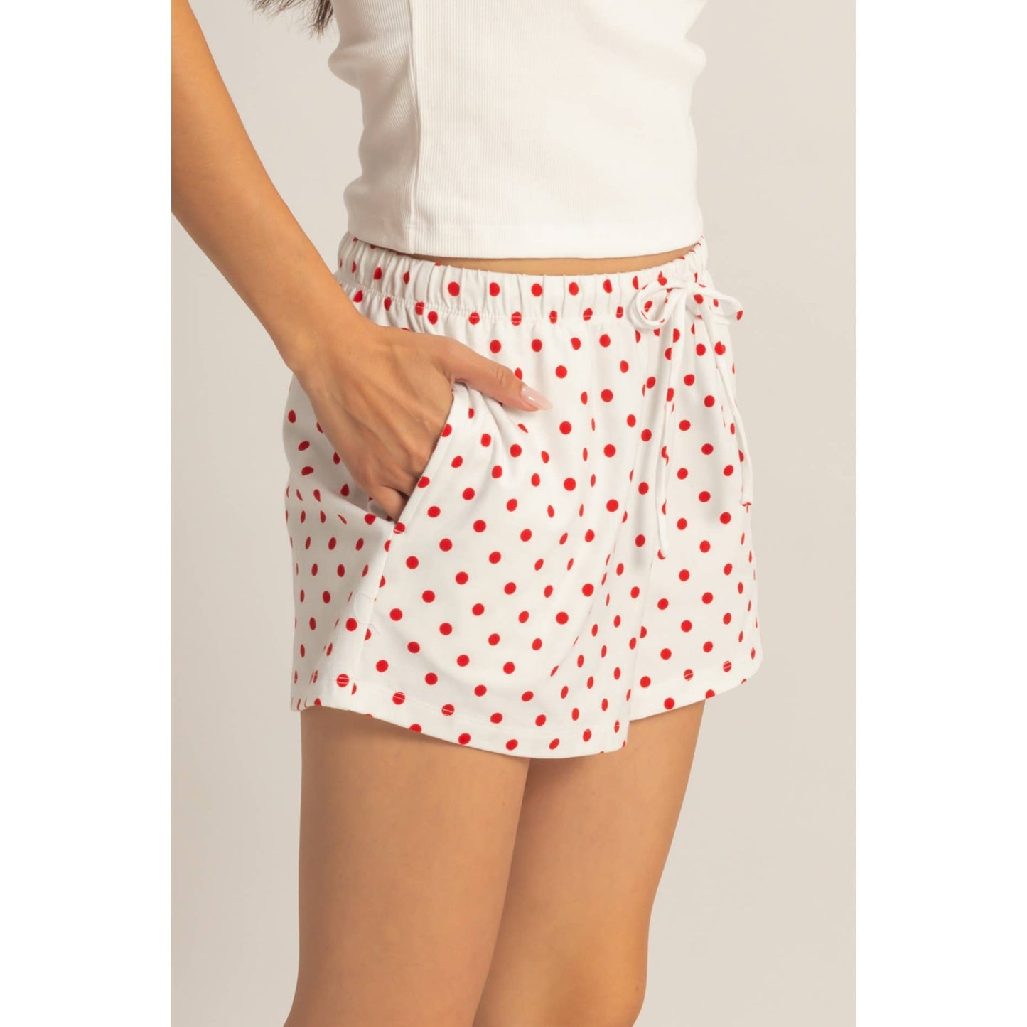 Polka Dot Drawstring Shorts: RED