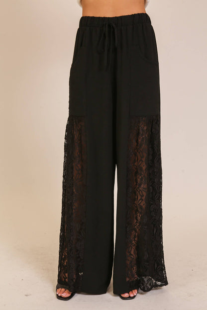 Wide Leg Lace Panel Pants: Black
