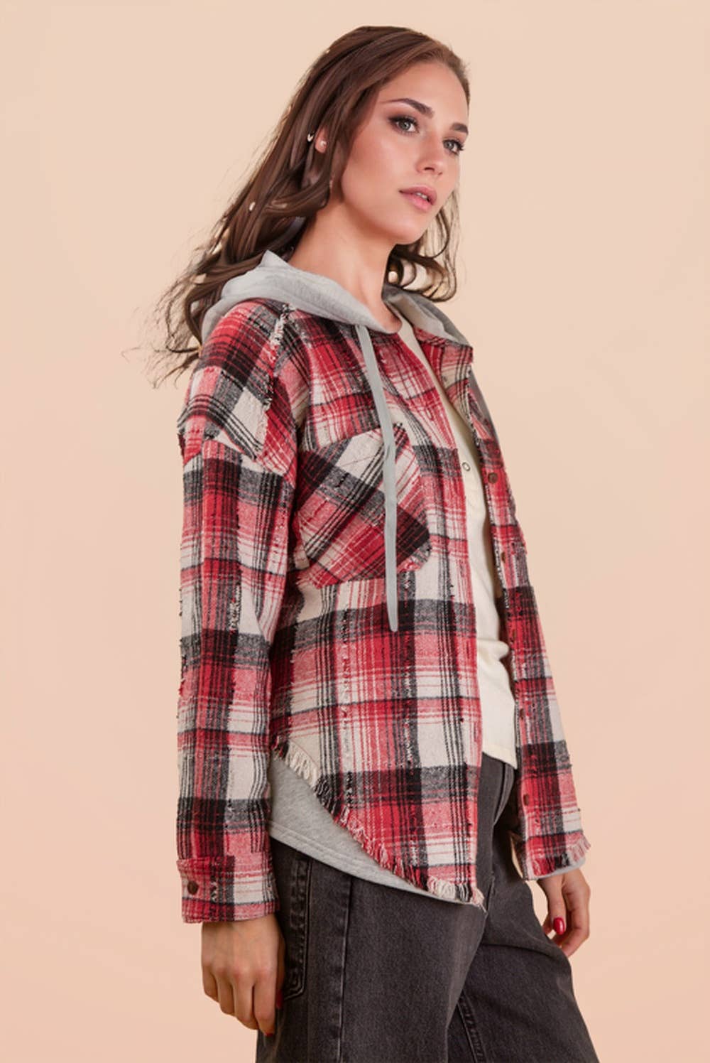Oversized Flannel Hooded Button Down Jacket: RED MIX