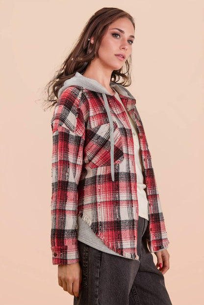 Oversized Flannel Hooded Button Down Jacket: RED MIX