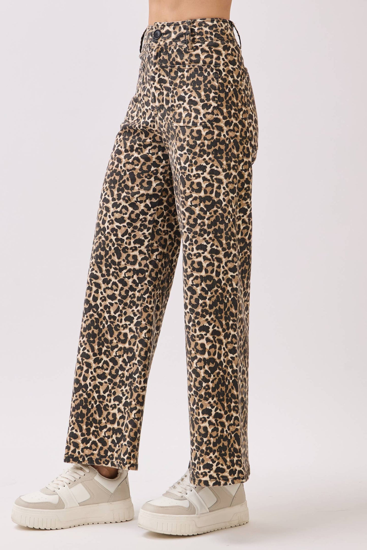 Stretch Twill Leopard Wide Leg Pants