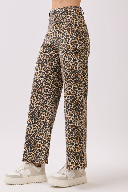 Stretch Twill Leopard Wide Leg Pants