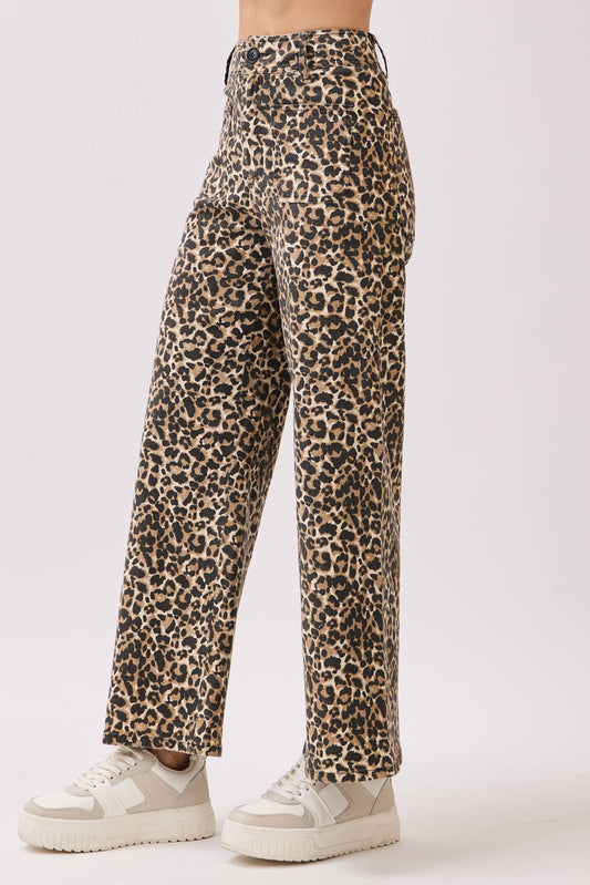 Stretch Twill Leopard Wide Leg Pants