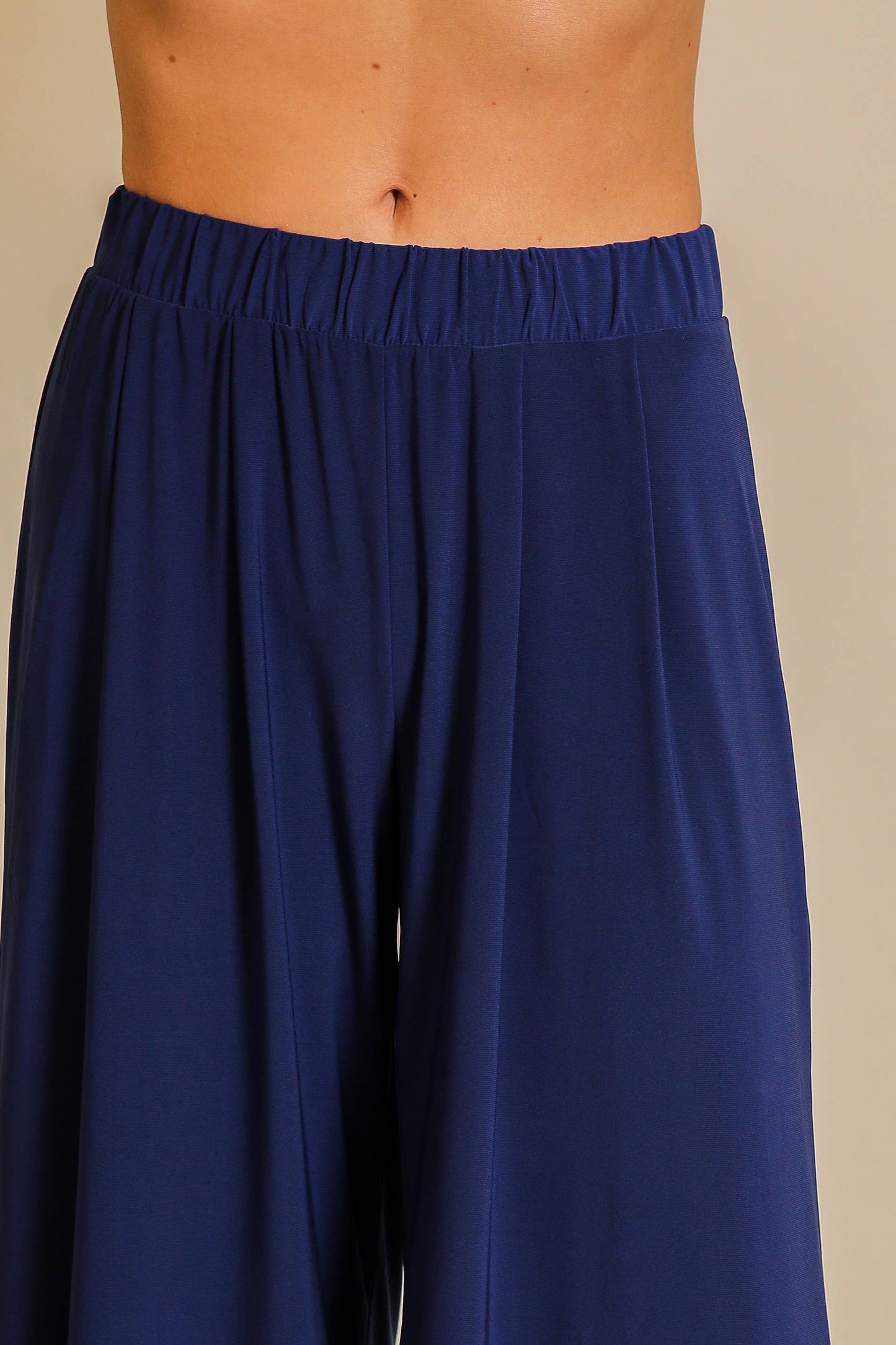 Elastic HW Knit Wide Leg Pants: Navy