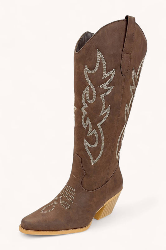 EMBROIDERED POINTED TOE COWBOY BOOTS: BROWN