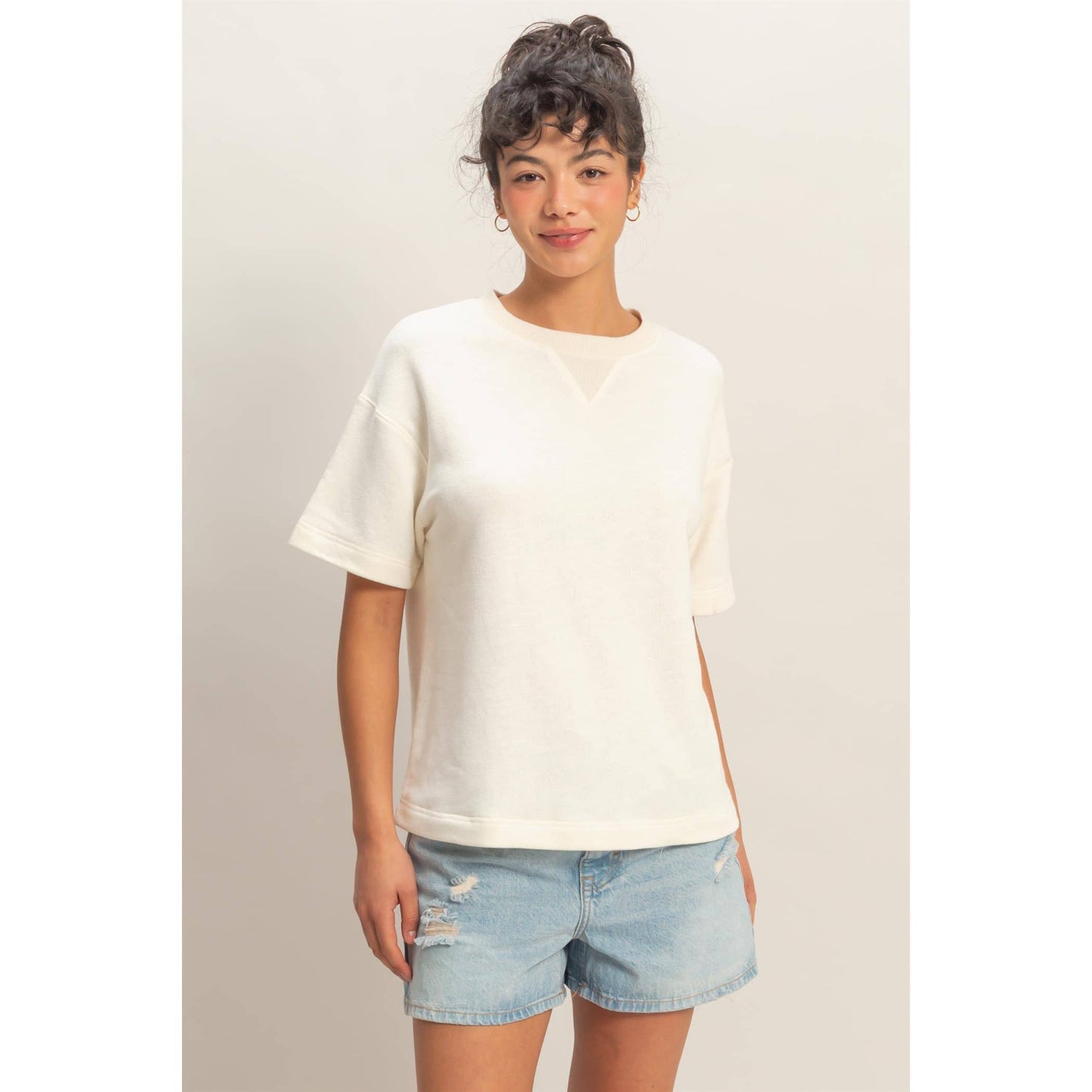 Crew Neck Short Sleeve Top: WHIP CREAM